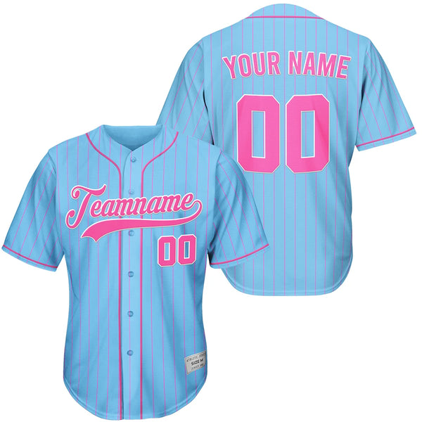 Custom Blue And Pink Pinstripe Baseball Jersey