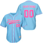 Custom Blue And Pink White Pinstripe Baseball Jersey thumbnail