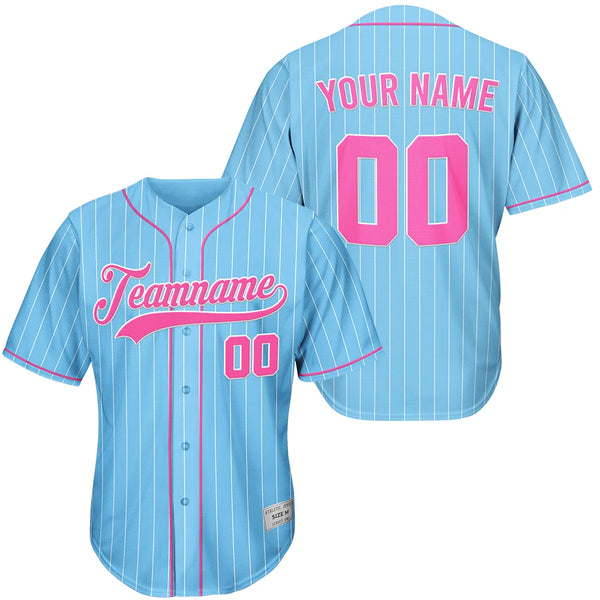 Custom Blue And Pink White Pinstripe Baseball Jersey