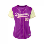 Women Custom Sublimation Purple  Pinstripe with Cream Sleeve Baseball Jersey thumbnail