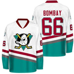 white mighty ducks bombay jersey - number 66 - stitched tracking twill - front view