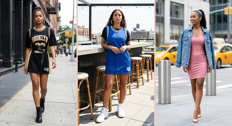 A collage of three Western-style photos showing basketball jersey dress outfits: a chic belted look with boots, a 90s layered look with sneakers, and a fitted look with denim jacket.