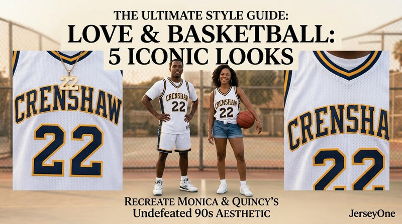 A couple wearing matching white Quincy McCall #22 and Monica Wright #32 Crenshaw High School jerseys from Love and Basketball