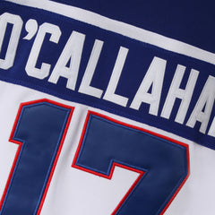 Close-up of the stitched tackle twill name plate on the back of a 1980 Team USA Miracle on Ice hockey jersey