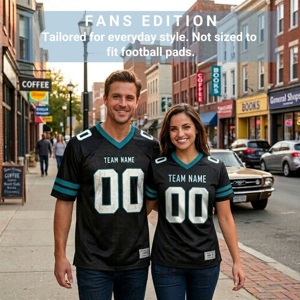 Man and woman wearing JerseyOne fans edition football jerseys as casual streetwear in an urban setting