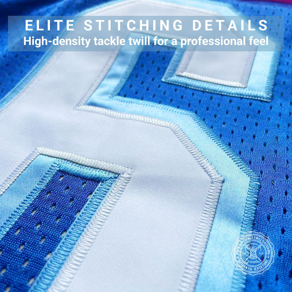 Close-up detail of high-quality stitched numbers and letters on a custom football jersey