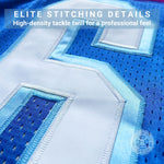 Close-up detail of high-quality stitched numbers and letters on a custom football jersey thumbnail