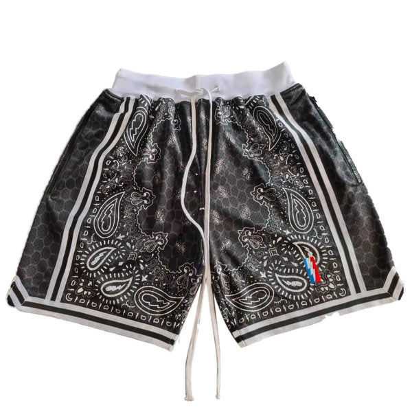 Bandana Printed Streetwear Basketball Shorts with Zipper Pockets