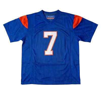 Front view of Alex Moran #7 Blue Mountain State jersey in home blue, premium stitched football uniform