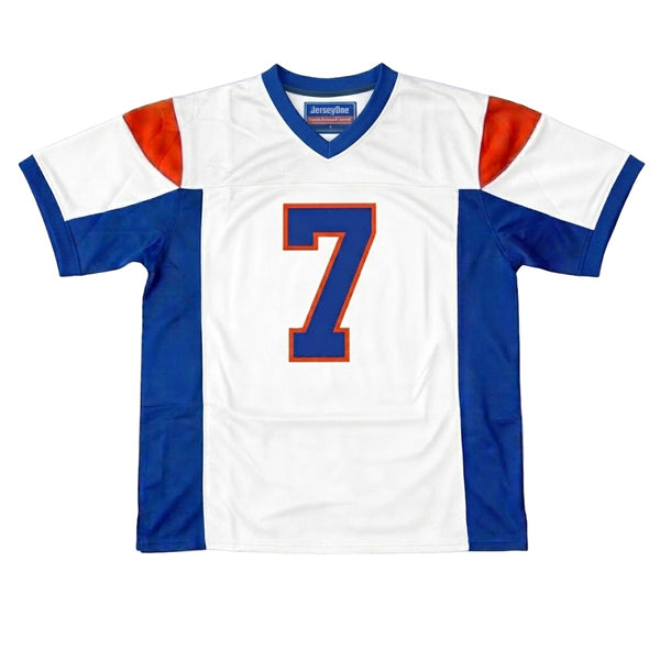 Alex Moran #7 Blue Mountain State white jersey, high-quality 200 GSM mesh away football uniform