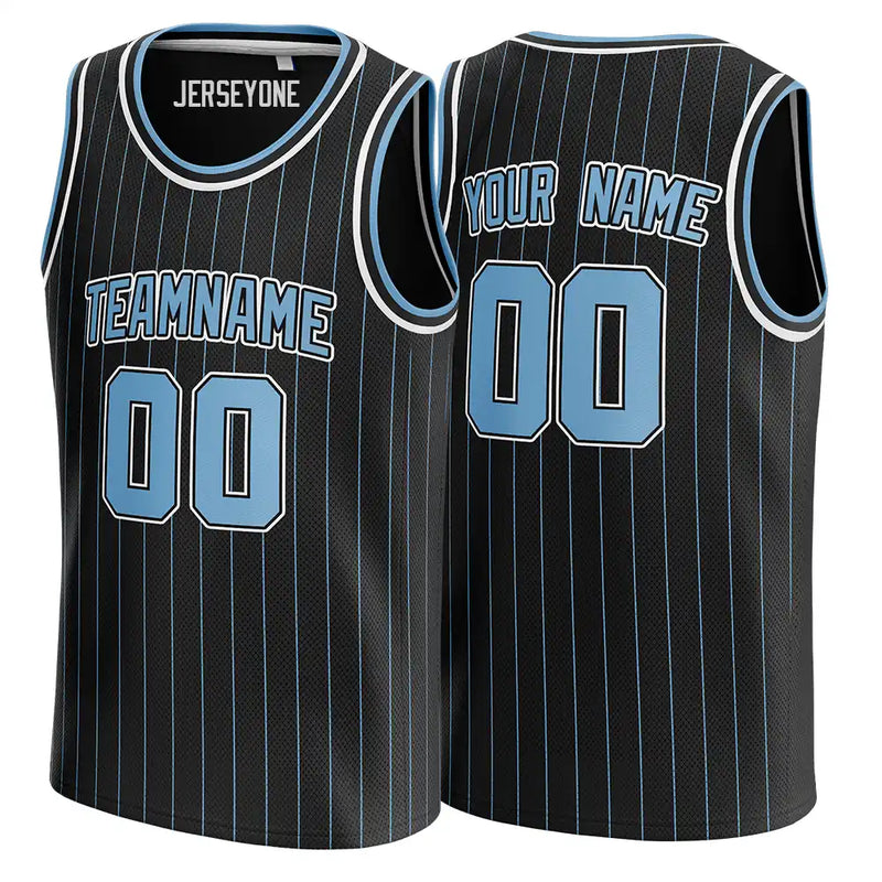 Custom Black and Baby Blue Pinstripe Basketball Jersey