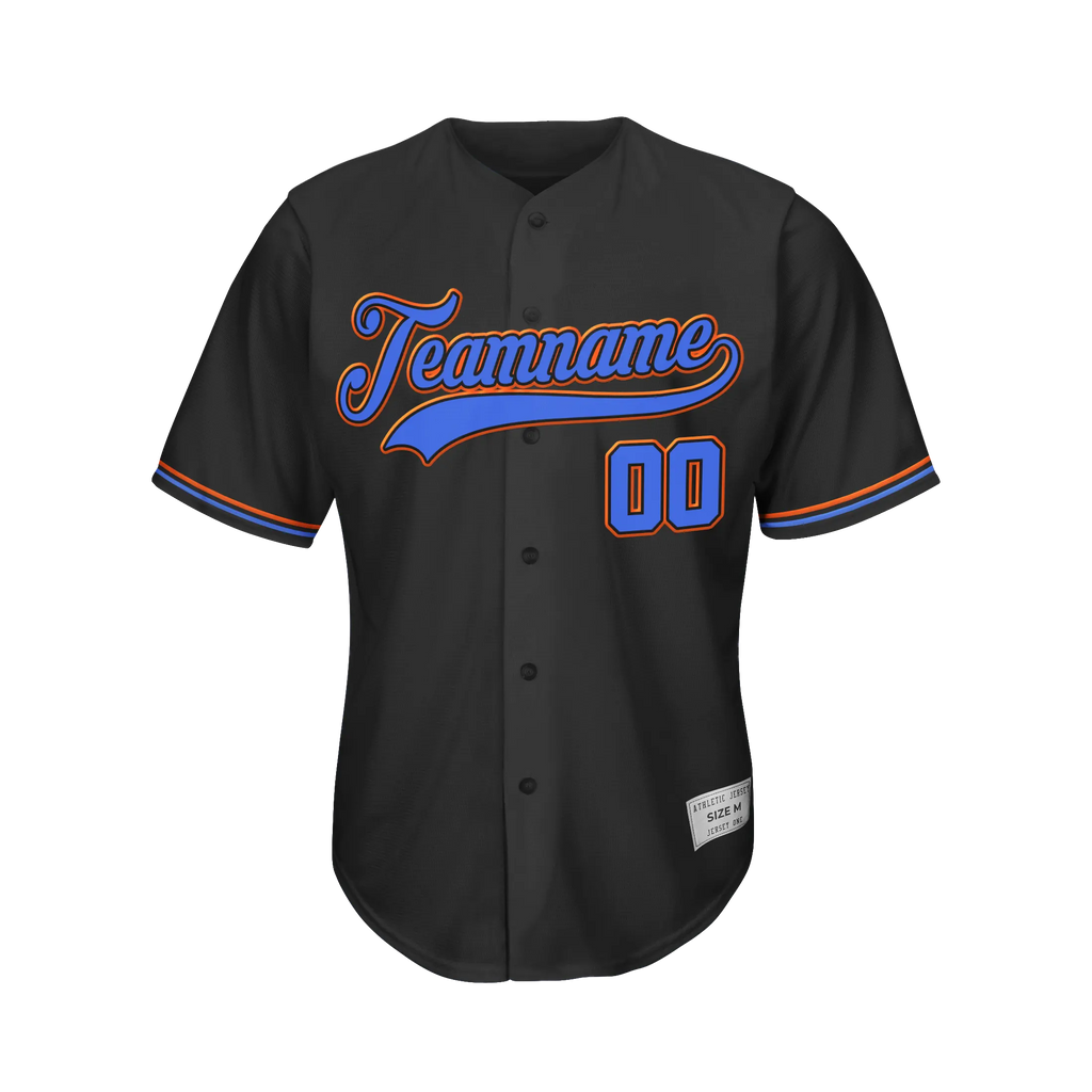 Custom Black Blue and Orange Baseball Jersey
