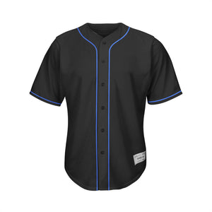 blank black and blue basbeall jersey  - full button jersey - blue stripes on chest and sleeves