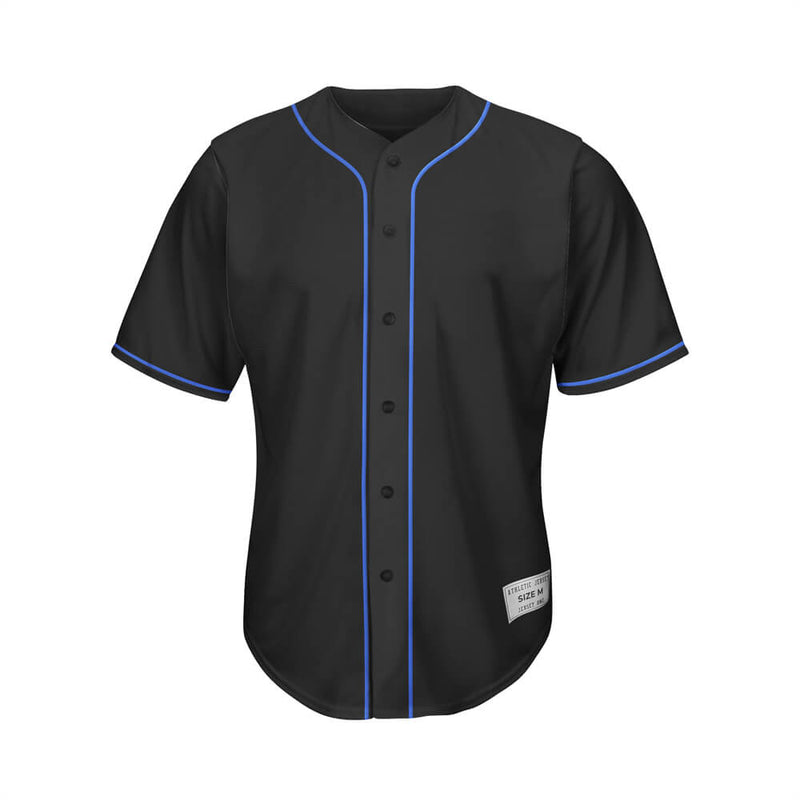 blank black and blue basbeall jersey  - full button jersey - blue stripes on chest and sleeves