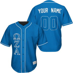 custom blue and white fraternity baseball jersey with greek letters