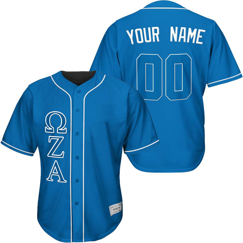 custom blue and white fraternity baseball jersey with greek letters