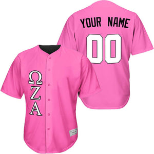 custom hot pink and black-white fraternity baseball jersey with greek letters
