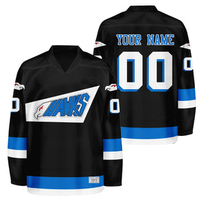 custom mighty ducks hawk jersey - black hockey uniform - stitched lettering