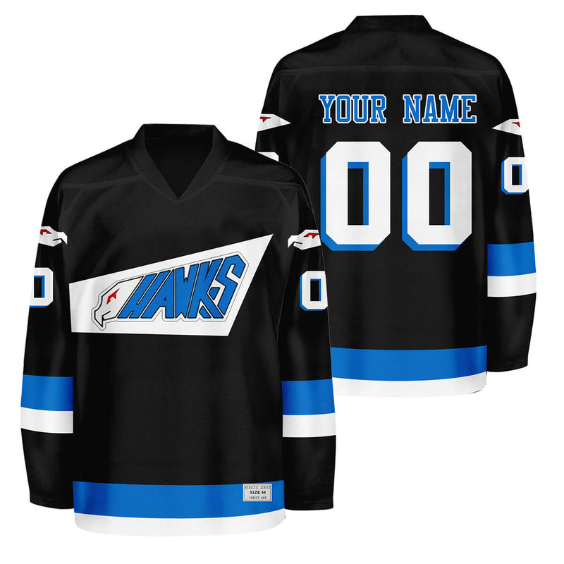 custom mighty ducks hawk jersey - black hockey uniform - stitched lettering