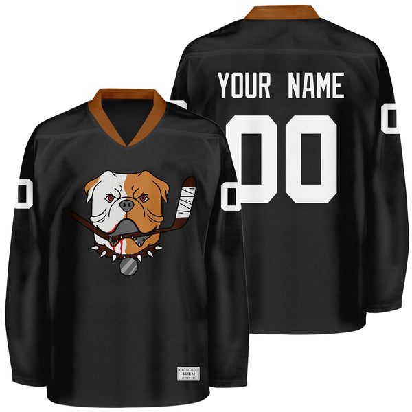 custom name black bulldog hockey jersey front and back view