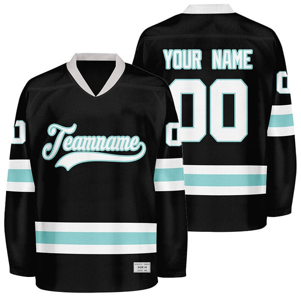 Custom Black and Ice Blue Hockey Jersey