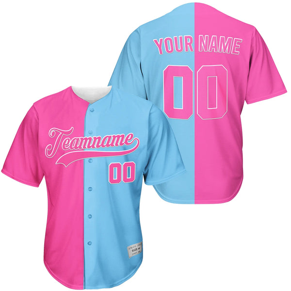 Custom Pink And Blue Half Split Baseball Jersey