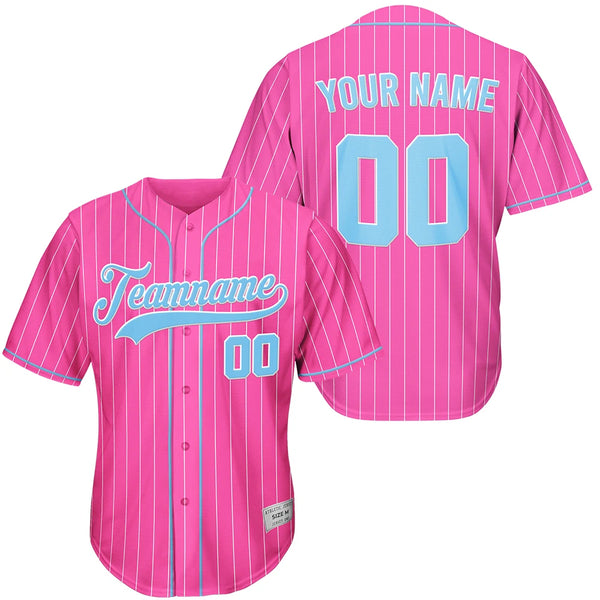 Custom Pink And Blue White Pinstripe Baseball Jersey