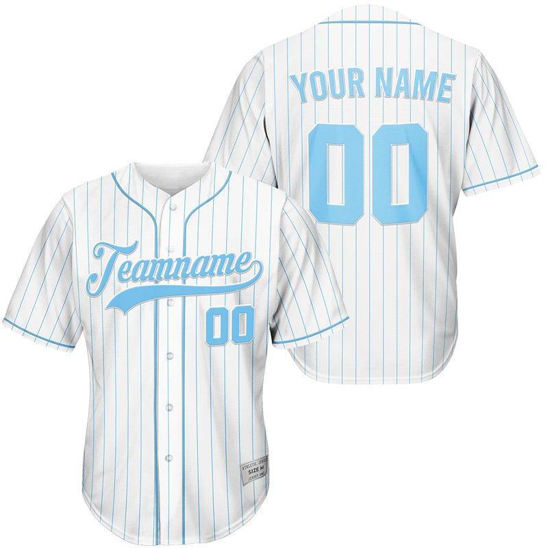 Custom White And Blue Pinstripe Baseball Jersey