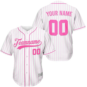 Custom White And Pink Pinstripe Baseball Jersey