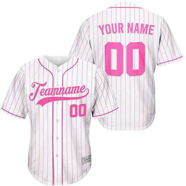 Custom White And Pink Pinstripe Baseball Jersey