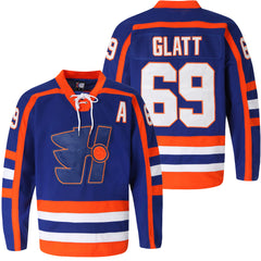 Front and back view of the Doug Glatt #69 Halifax Highlanders movie hockey jersey
