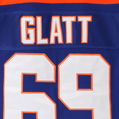 Close-up of the stitched GLATT name bar and number 69 on the Halifax Highlanders jersey