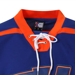 Detailed shot of the traditional white lace-up neck and collar of the hockey jersey