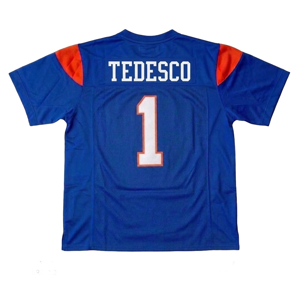Back of Harmon Tedesco #1 BMS jersey, premium tackle twill embroidery on name and numbers