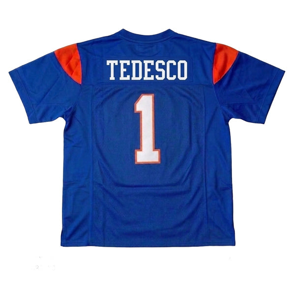 Back of Harmon Tedesco #1 BMS jersey, premium tackle twill embroidery on name and numbers