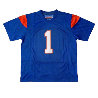 Front view of Harmon Tedesco #1 Blue Mountain State football jersey, home blue with stitched player number