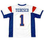 White Harmon Tedesco #1 BMS football jersey back view, authentic Mountain Goats movie uniform thumbnail