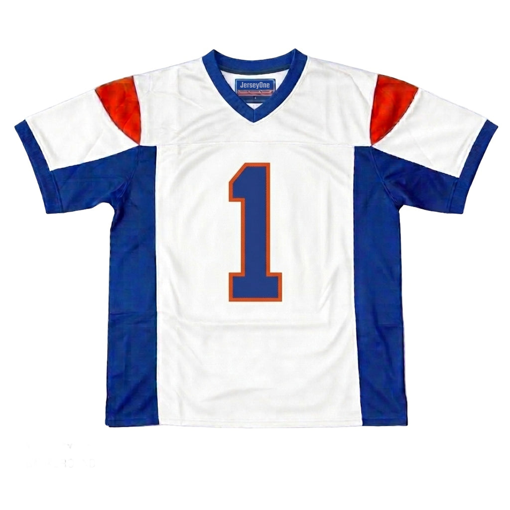 Harmon Tedesco #1 white Blue Mountain State kicker jersey, 200 GSM heavyweight mesh fabric