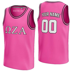 custom hot pink and black-white fraternity basketball jersey