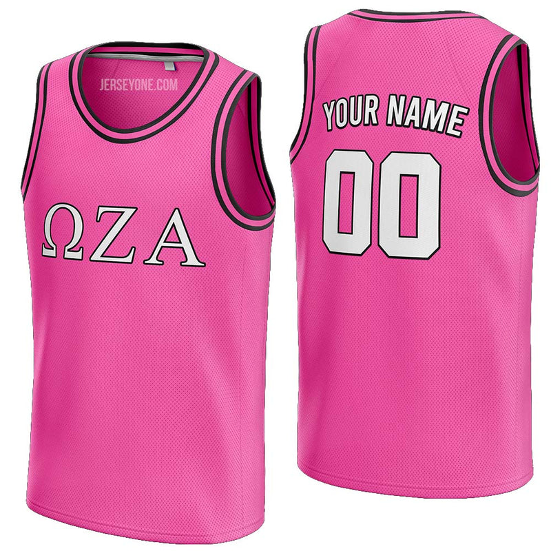 custom hot pink and black-white fraternity basketball jersey
