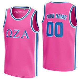 custom hot pink and blue-white fraternity basketball jersey