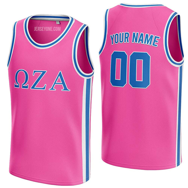 custom hot pink and blue-white fraternity basketball jersey