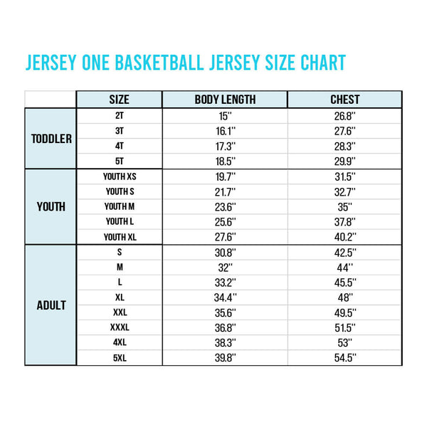 jersye one basketball jersey size chart