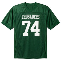 Michael Oher #74 Crusaders green football jersey from The Blind Side movie - front view flat lay