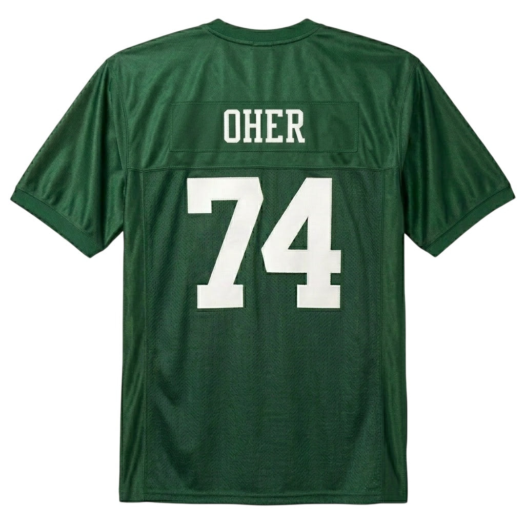 Back of Michael Oher #74 football jersey with stitched nameplate and white numbers - The Blind Side movie merchandise