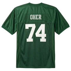 Back of Michael Oher #74 football jersey with stitched nameplate and white numbers - The Blind Side movie merchandise