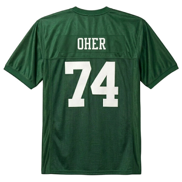 Back of Michael Oher #74 football jersey with stitched nameplate and white numbers - The Blind Side movie merchandise