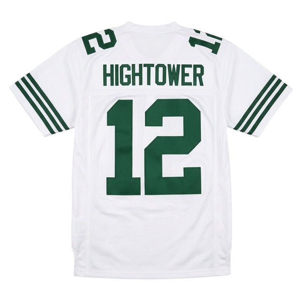 Back view of Reno Hightower #12 football jersey featuring HIGHTOWER nameplate, Taft High School Rockets movie version with green stripes