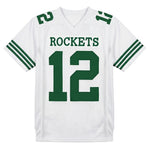 Front view of Reno Hightower #12 Taft Rockets football jersey, white mesh movie replica with green stitched numbers and shoulder details thumbnail