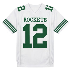 Front view of Reno Hightower #12 Taft Rockets football jersey, white mesh movie replica with green stitched numbers and shoulder details
